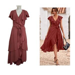 New York & Co Pink M Belted Faux Wrap Ruffled Layered Flutter Sleeve Dre…